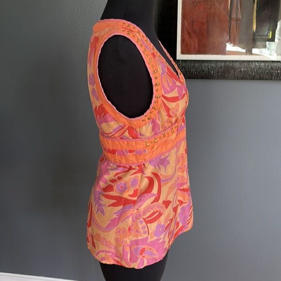 Express 100% silk shades of pink/red/orange/purple floral print fitted waist top - Picture 3 of 8
